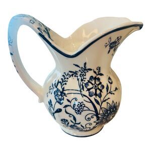 Vintage Enesco Blue Onion Mini Wash Pitcher Creamer Japan Floral Leaf Handle